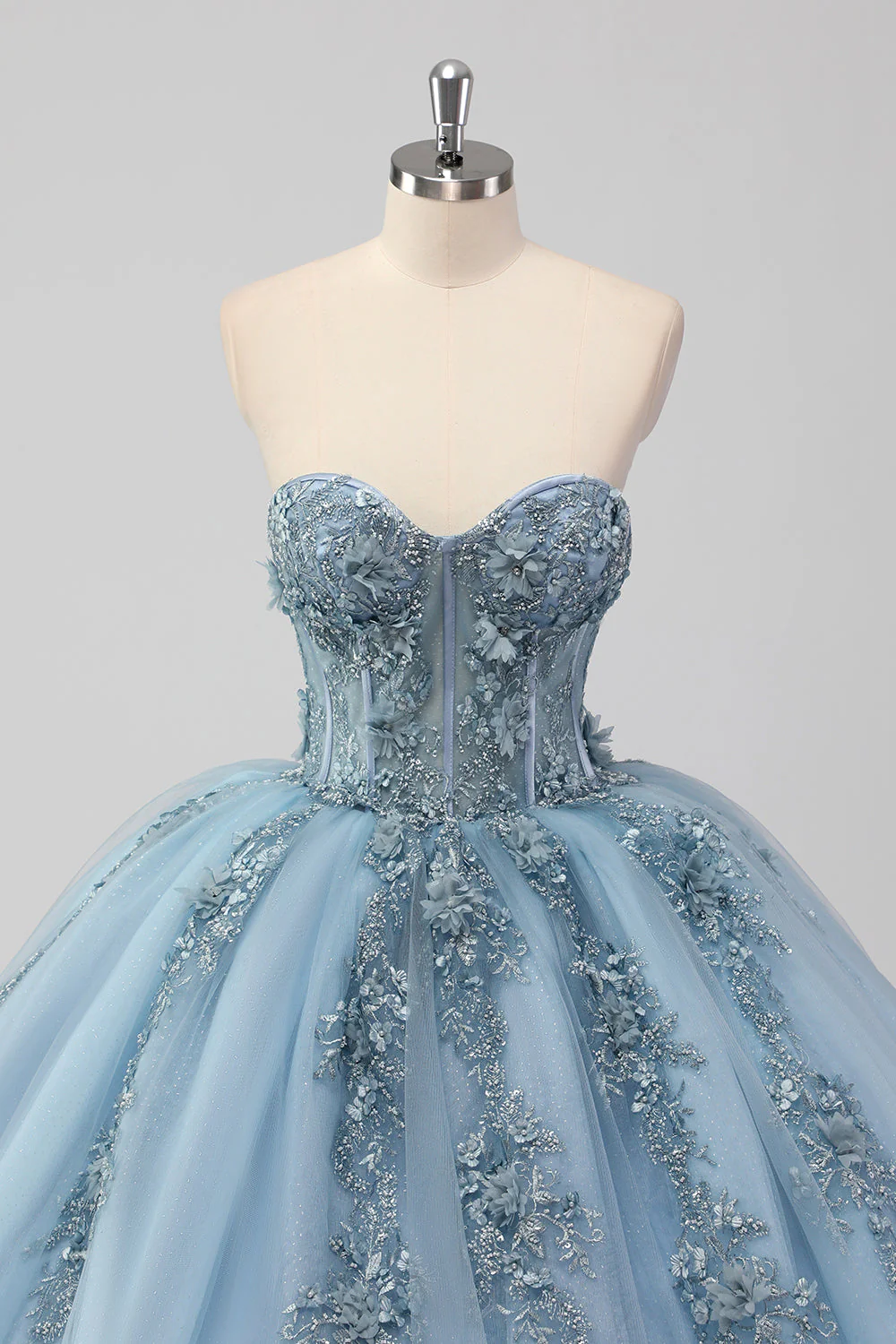 Księżniczka Szara Niebieska Tiulowa Sukienka Bez Ramiączek Quinceanera z aplikacjami - Image 3
