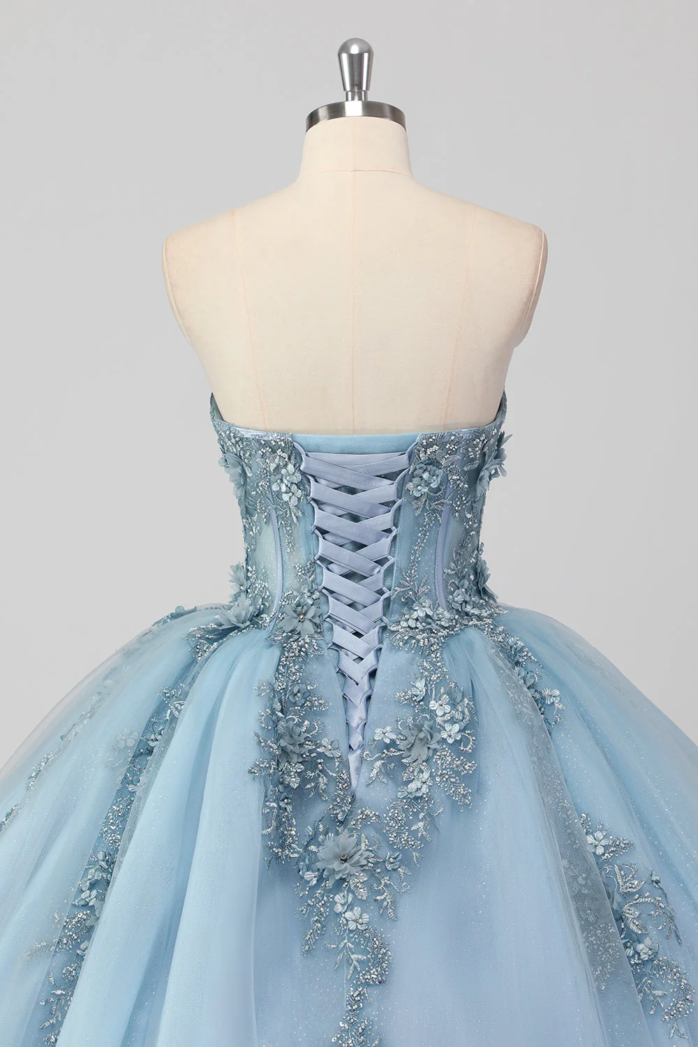 Księżniczka Szara Niebieska Tiulowa Sukienka Bez Ramiączek Quinceanera z aplikacjami - Image 4