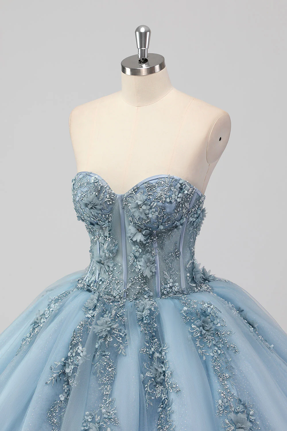 Księżniczka Szara Niebieska Tiulowa Sukienka Bez Ramiączek Quinceanera z aplikacjami - Image 5