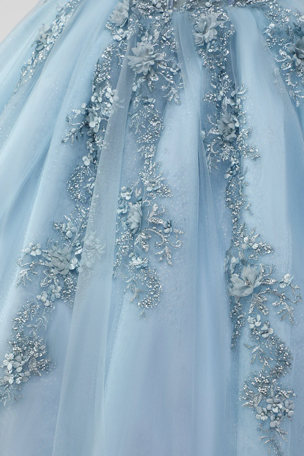 Księżniczka Szara Niebieska Tiulowa Sukienka Bez Ramiączek Quinceanera z aplikacjami - Image 6