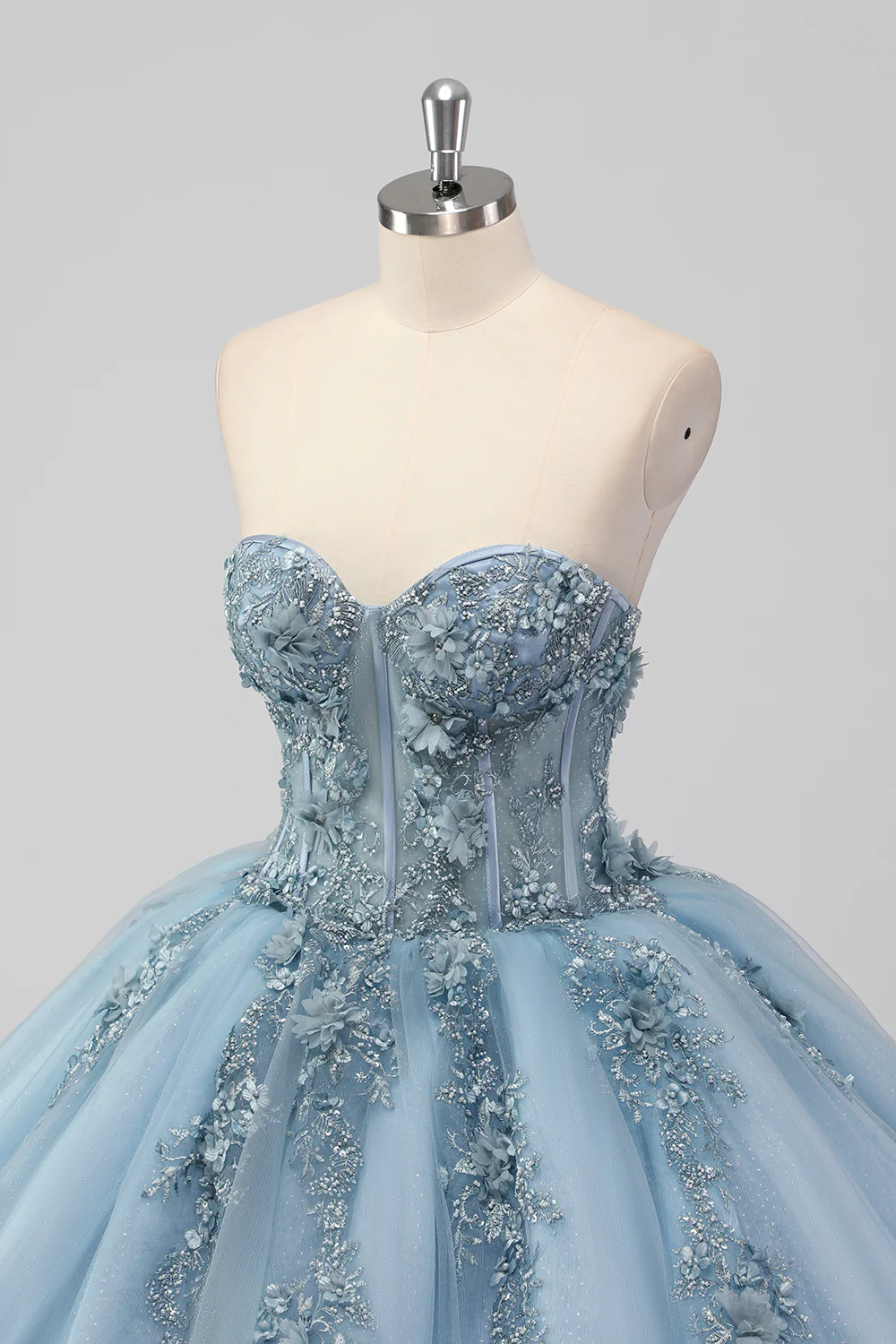 Księżniczka Szara Niebieska Tiulowa Sukienka Bez Ramiączek Quinceanera z aplikacjami - Image 7