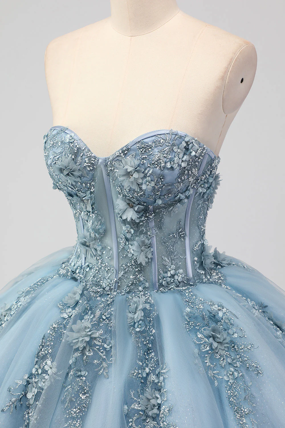 Księżniczka Szara Niebieska Tiulowa Sukienka Bez Ramiączek Quinceanera z aplikacjami - Image 9