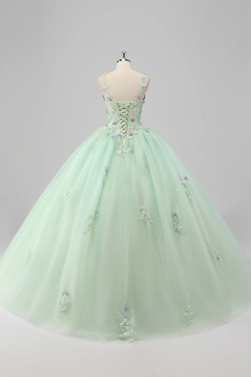 Księżniczka Zielona suknia balowa Spaghetti Ramiączka Tiulowa sukienka Quinceanera z aplikacjami 3D w kwiaty - Image 2