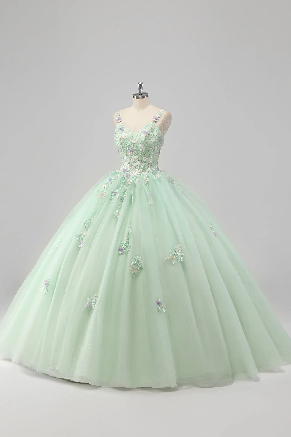 Księżniczka Zielona suknia balowa Spaghetti Ramiączka Tiulowa sukienka Quinceanera z aplikacjami 3D w kwiaty - Image 3