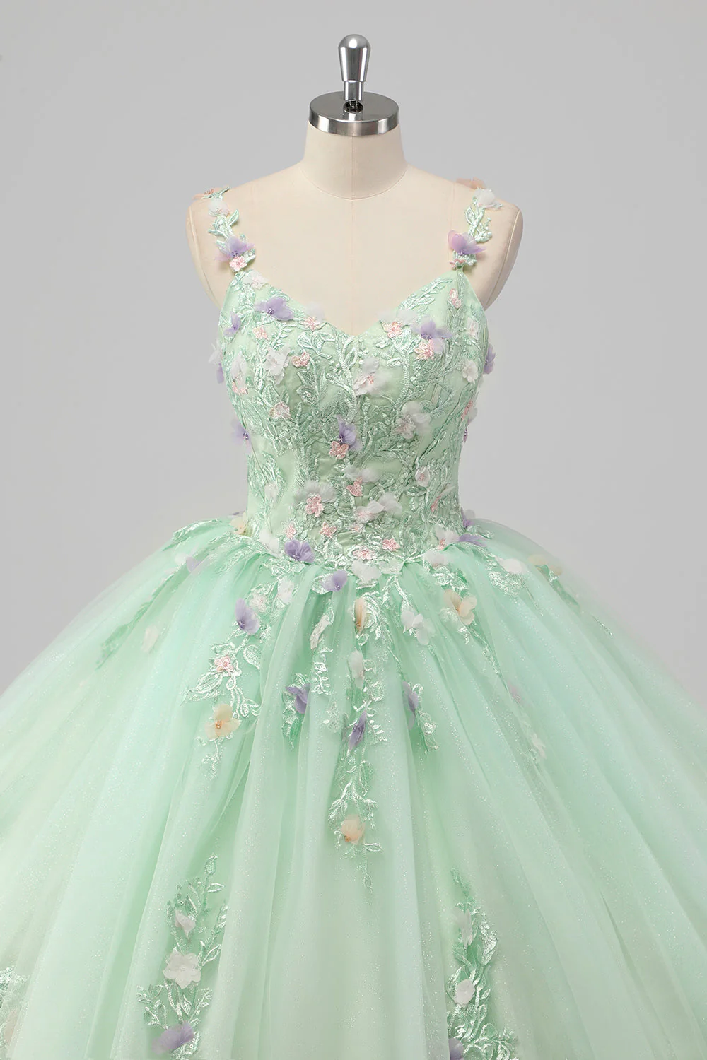 Księżniczka Zielona suknia balowa Spaghetti Ramiączka Tiulowa sukienka Quinceanera z aplikacjami 3D w kwiaty - Image 4