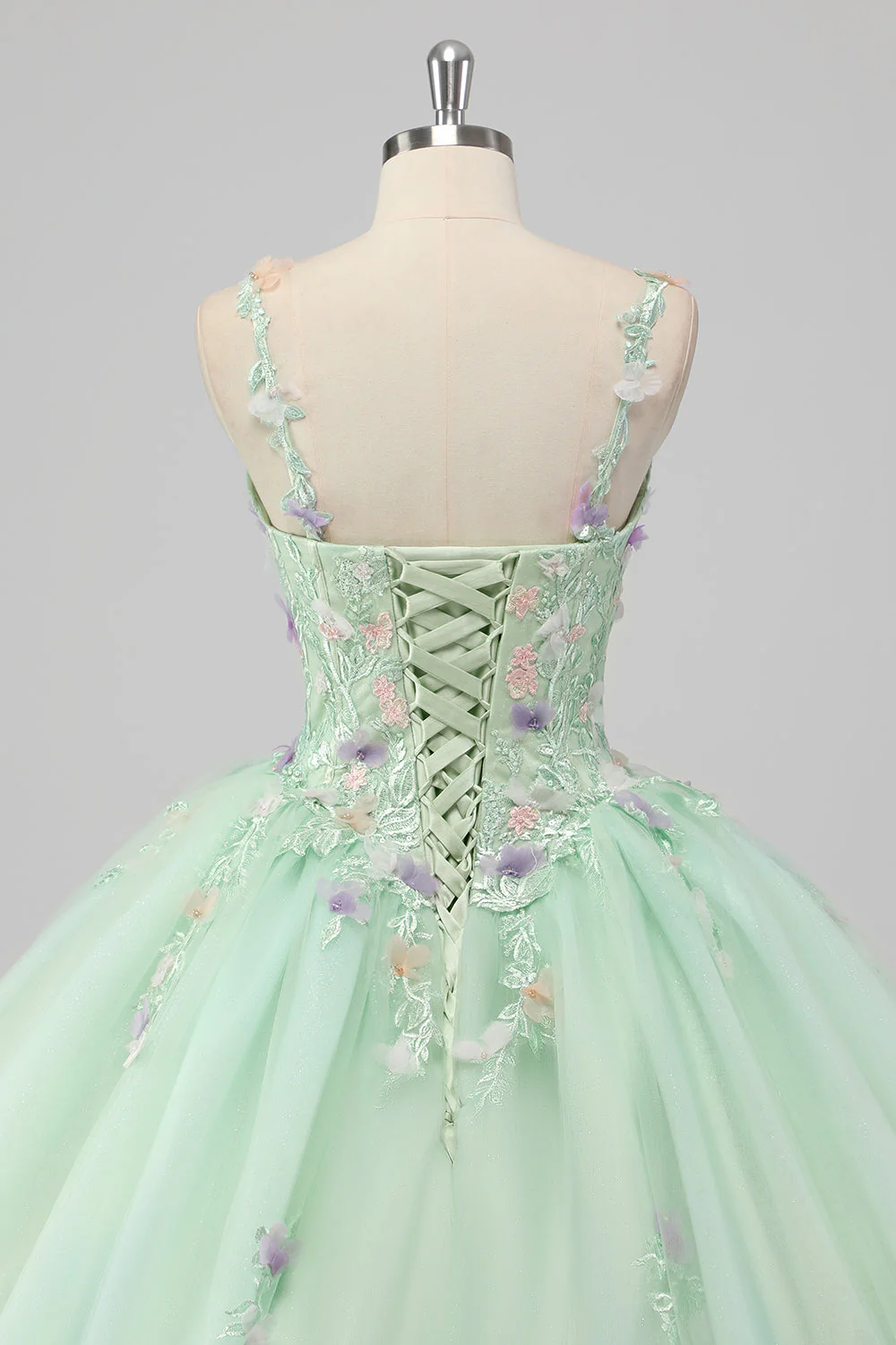 Księżniczka Zielona suknia balowa Spaghetti Ramiączka Tiulowa sukienka Quinceanera z aplikacjami 3D w kwiaty - Image 5