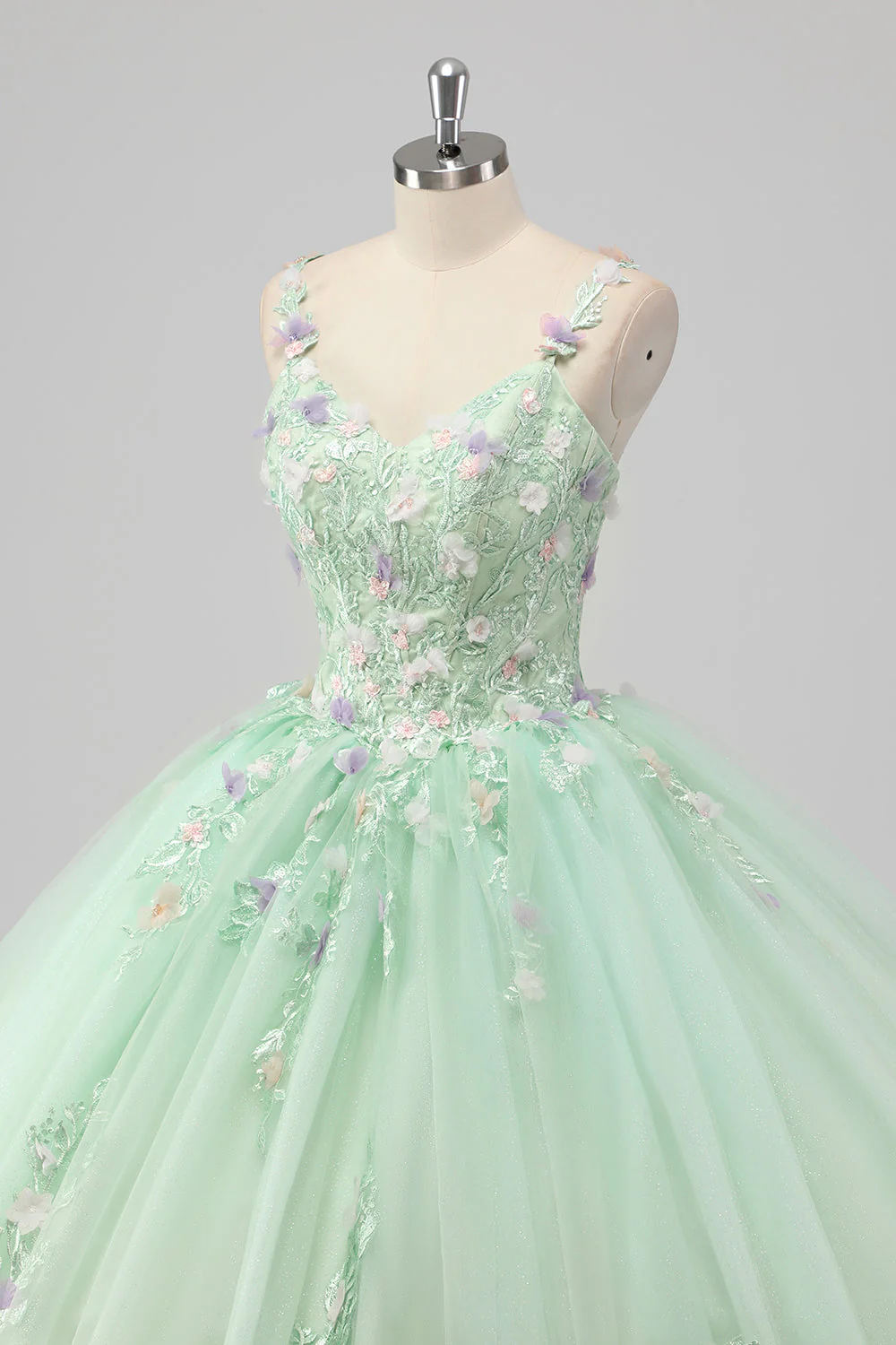 Księżniczka Zielona suknia balowa Spaghetti Ramiączka Tiulowa sukienka Quinceanera z aplikacjami 3D w kwiaty - Image 6