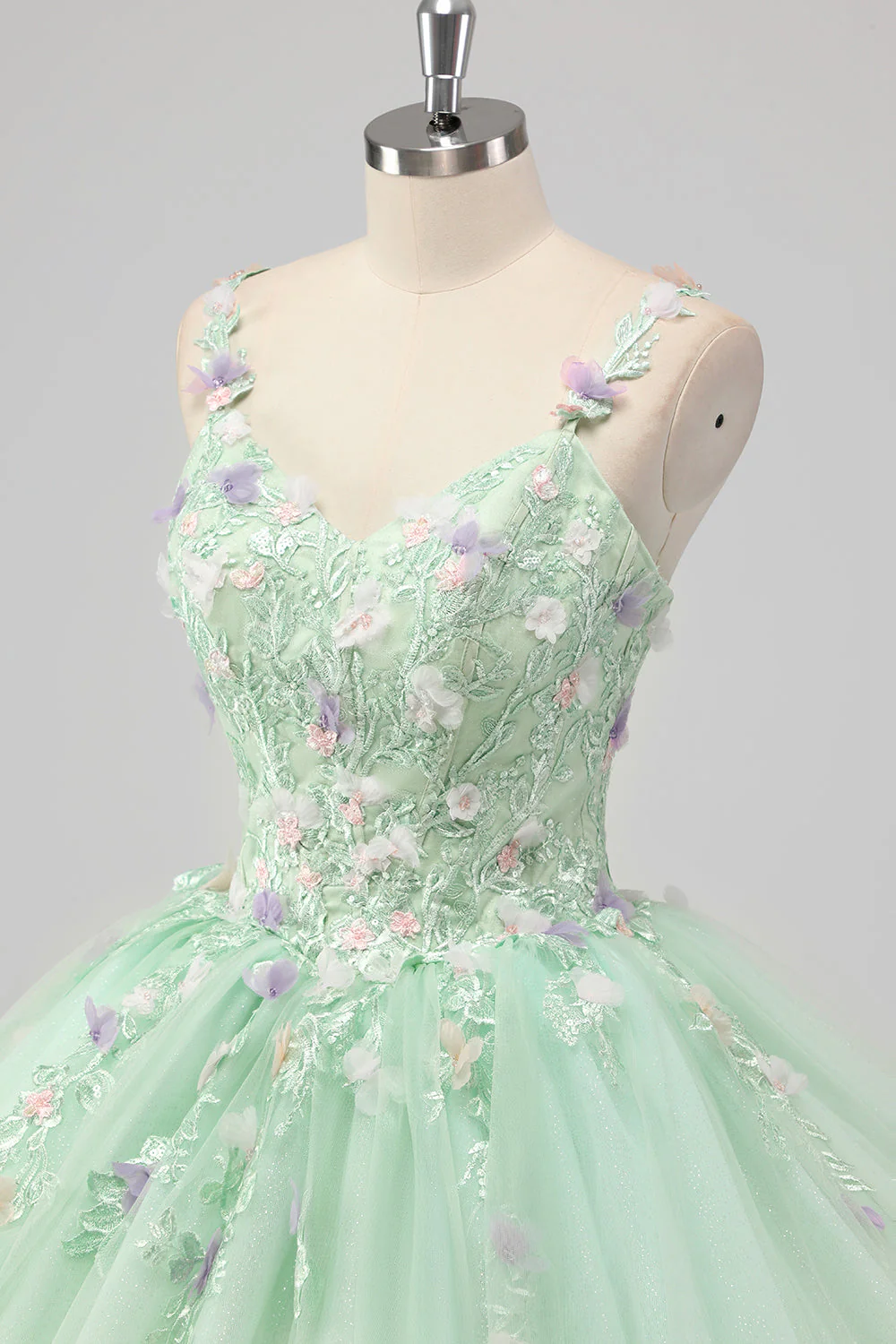 Księżniczka Zielona suknia balowa Spaghetti Ramiączka Tiulowa sukienka Quinceanera z aplikacjami 3D w kwiaty - Image 7