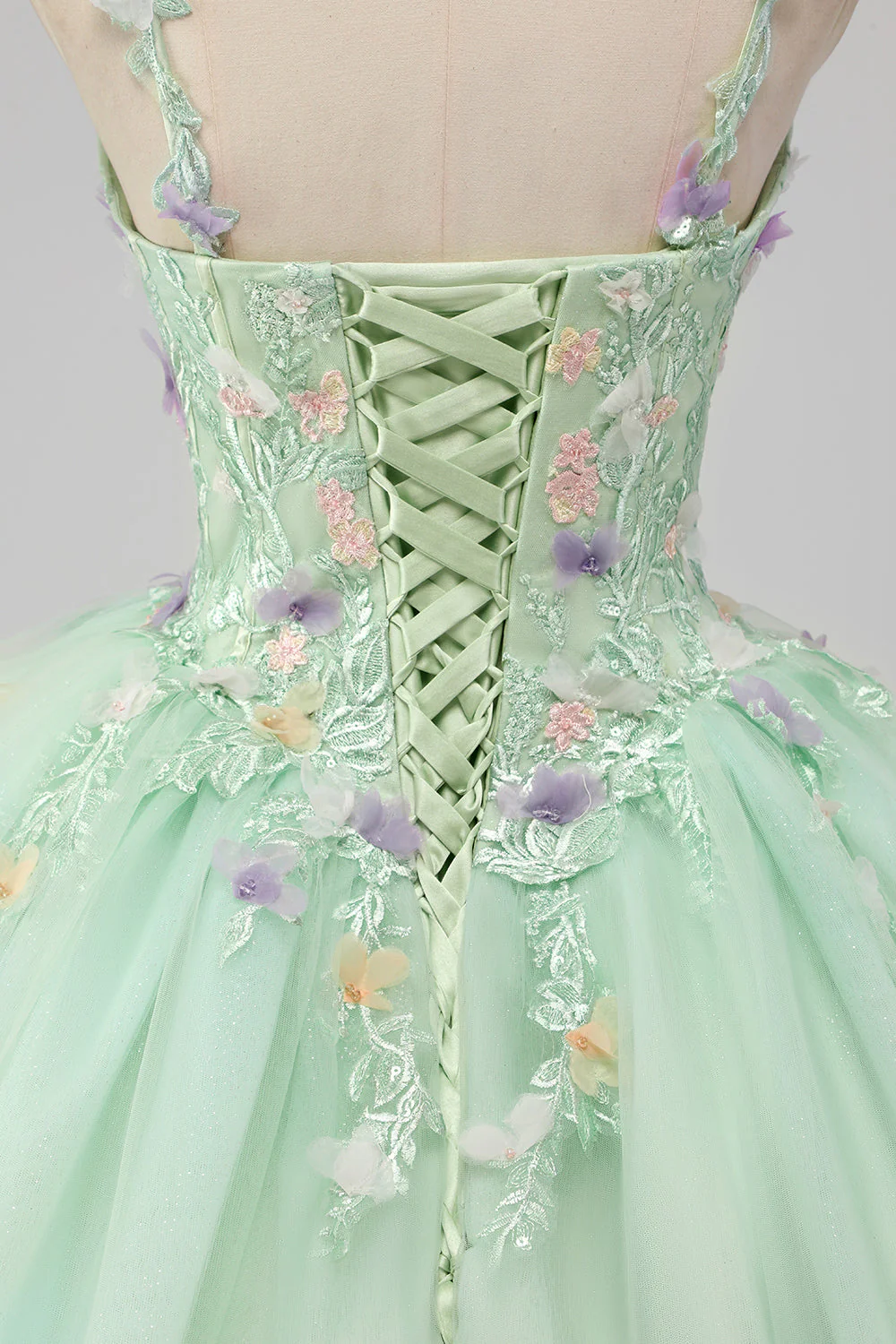 Księżniczka Zielona suknia balowa Spaghetti Ramiączka Tiulowa sukienka Quinceanera z aplikacjami 3D w kwiaty - Image 8