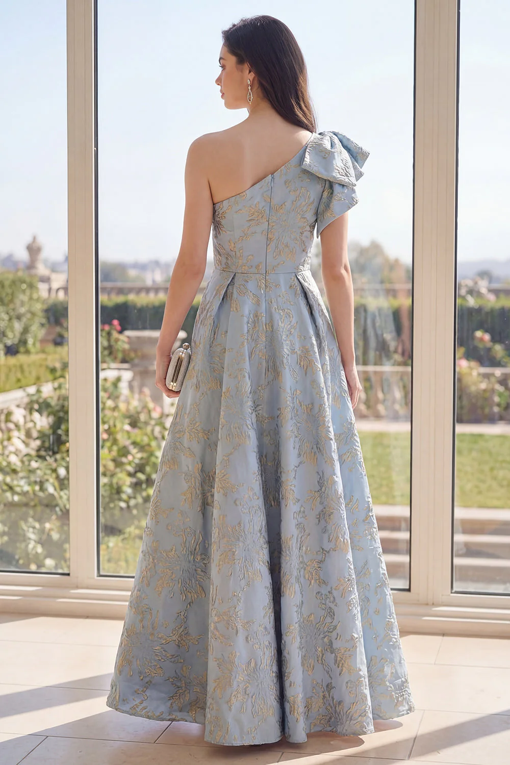 Kurzy Blue, Jacquard Maxi z jednym ramieniem i kokardą w stylu A Line - Image 2