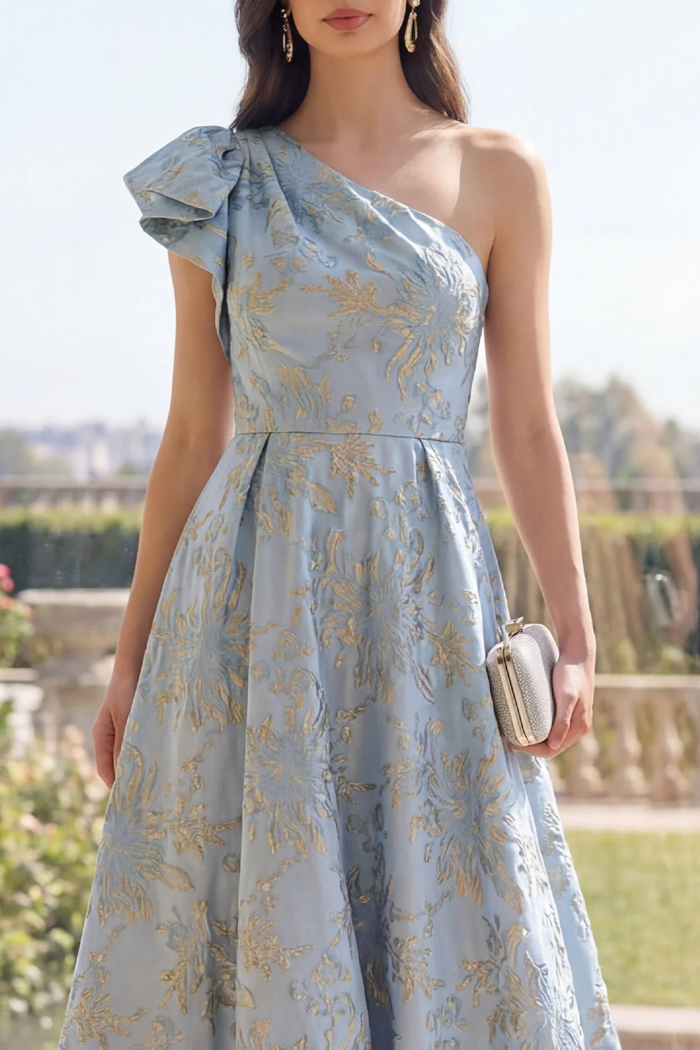 Kurzy Blue, Jacquard Maxi z jednym ramieniem i kokardą w stylu A Line - Image 3