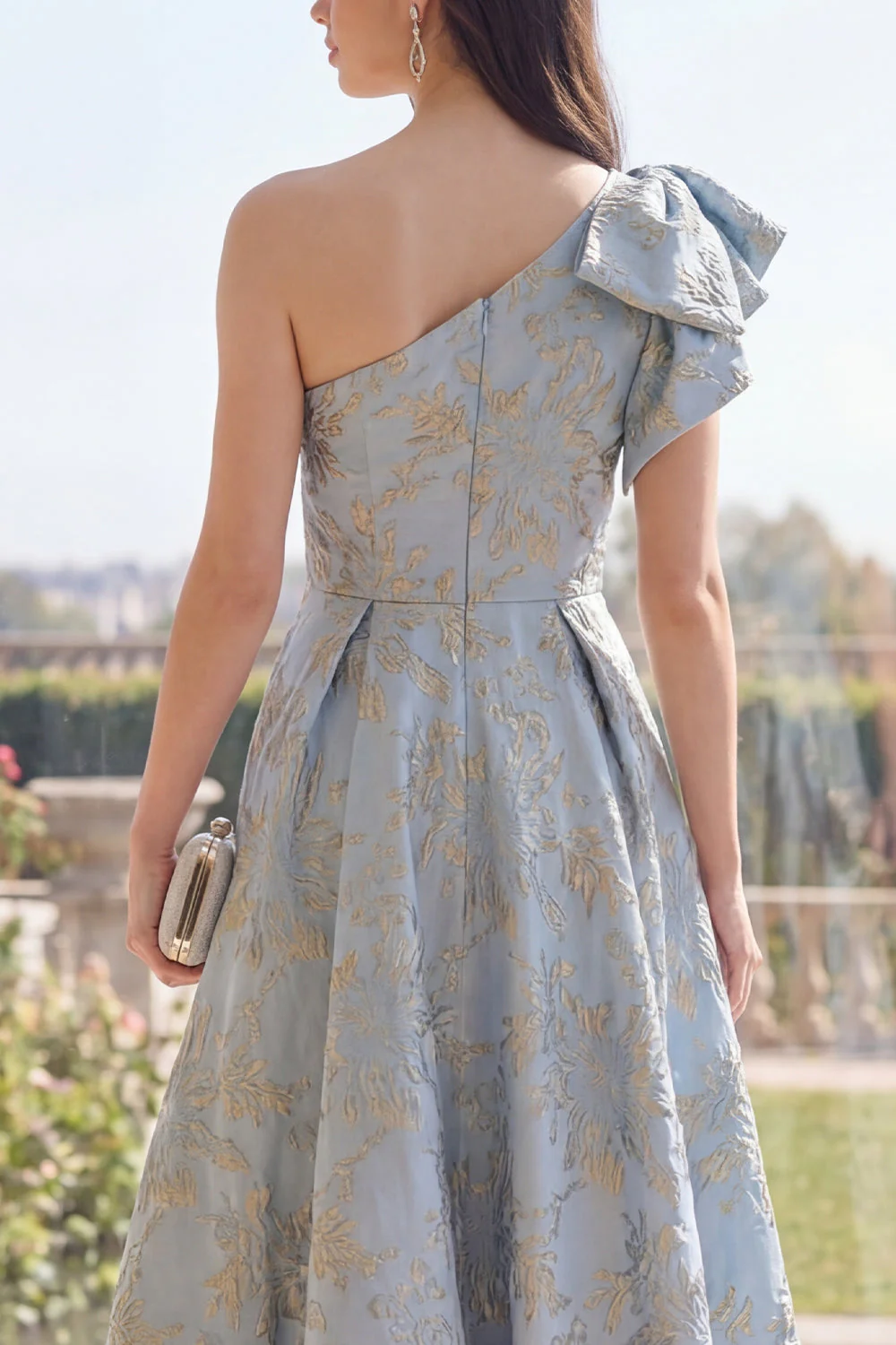 Kurzy Blue, Jacquard Maxi z jednym ramieniem i kokardą w stylu A Line - Image 4