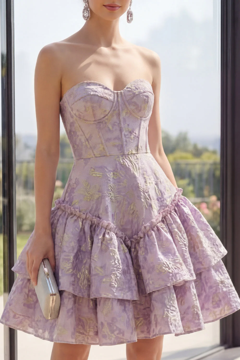 Kurzy Lilio Basque Waist Line Gorset Jacquard mini Kwiecista sukienka z falbanami - Image 3