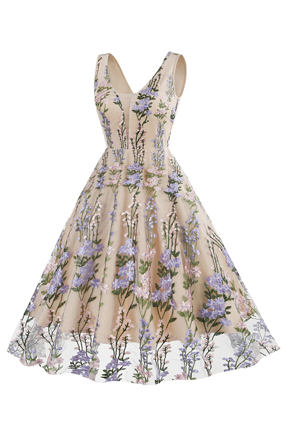 Kwiatowa Koronkowa Haftowana Elegancka Sukienka Vintage Bez Rękawów - Image 13