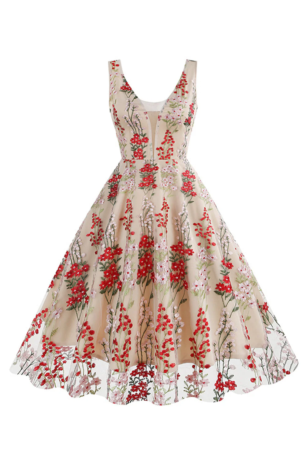 Kwiatowa Koronkowa Haftowana Elegancka Sukienka Vintage Bez Rękawów - Image 15