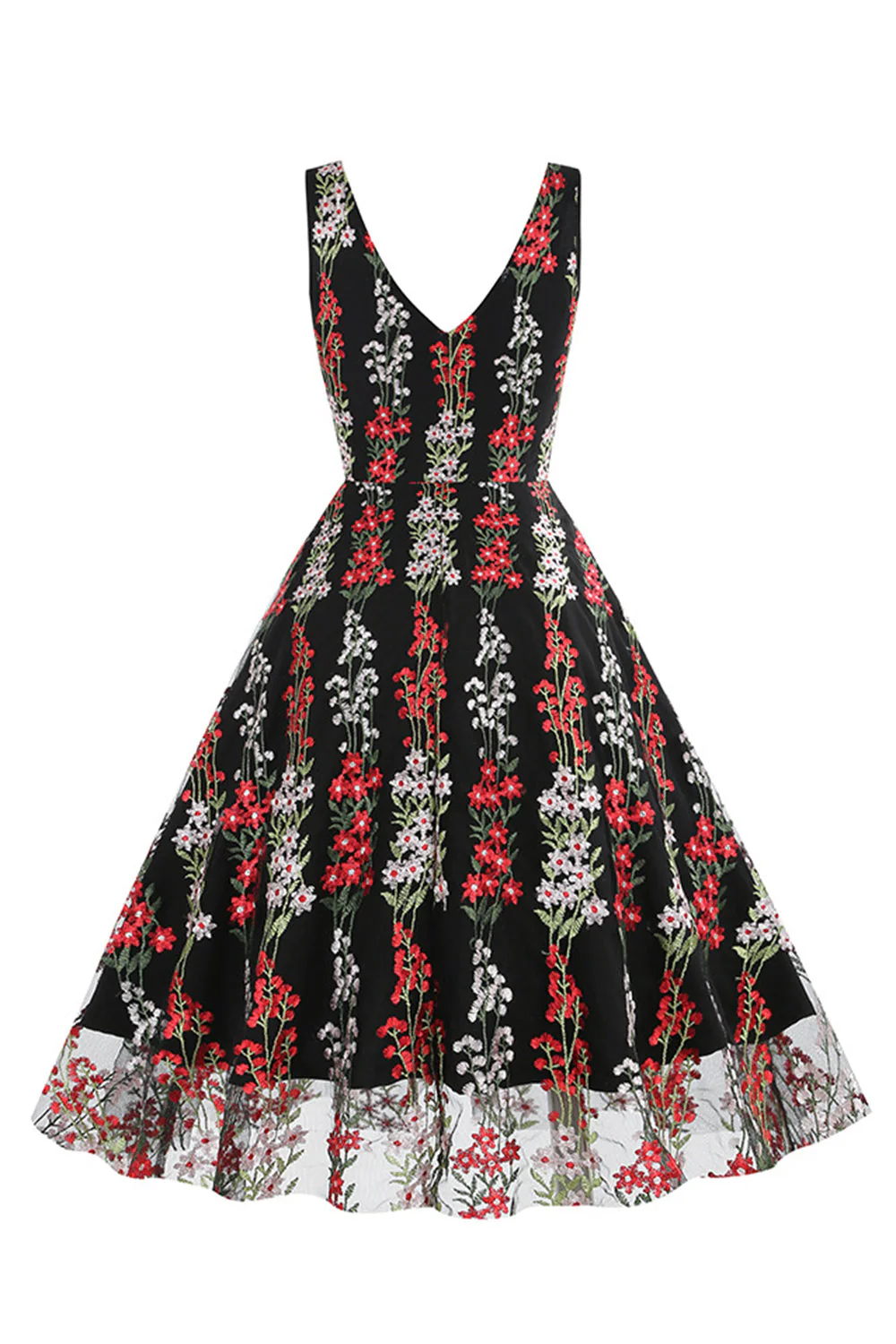 Kwiatowa Koronkowa Haftowana Elegancka Sukienka Vintage Bez Rękawów - Image 2