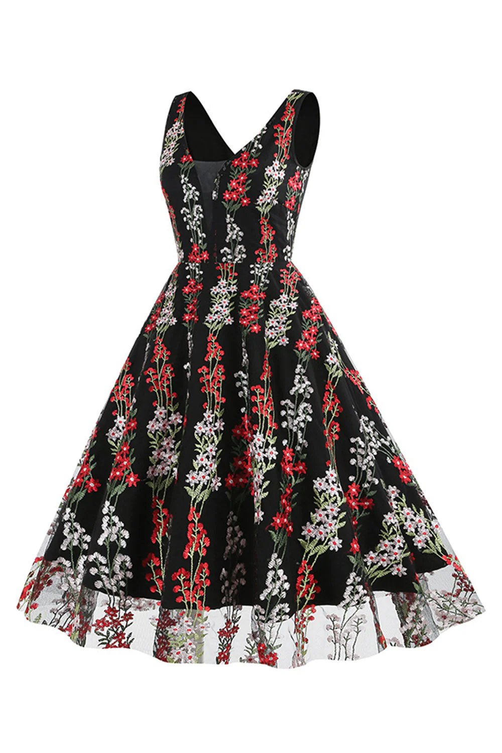 Kwiatowa Koronkowa Haftowana Elegancka Sukienka Vintage Bez Rękawów - Image 3