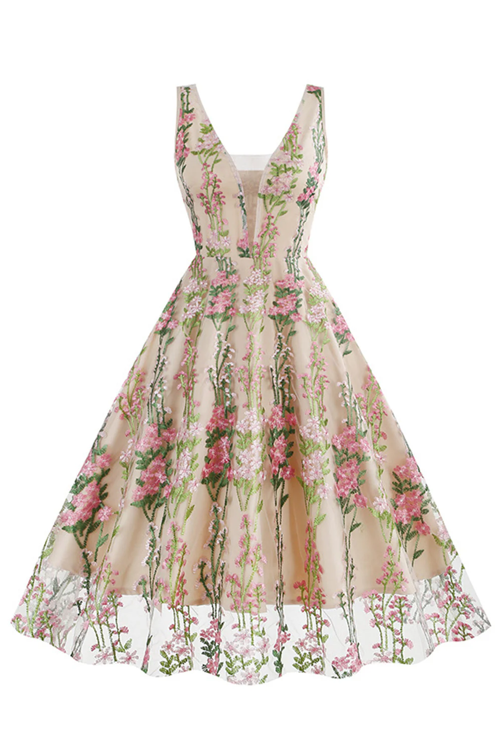 Kwiatowa Koronkowa Haftowana Elegancka Sukienka Vintage Bez Rękawów - Image 4