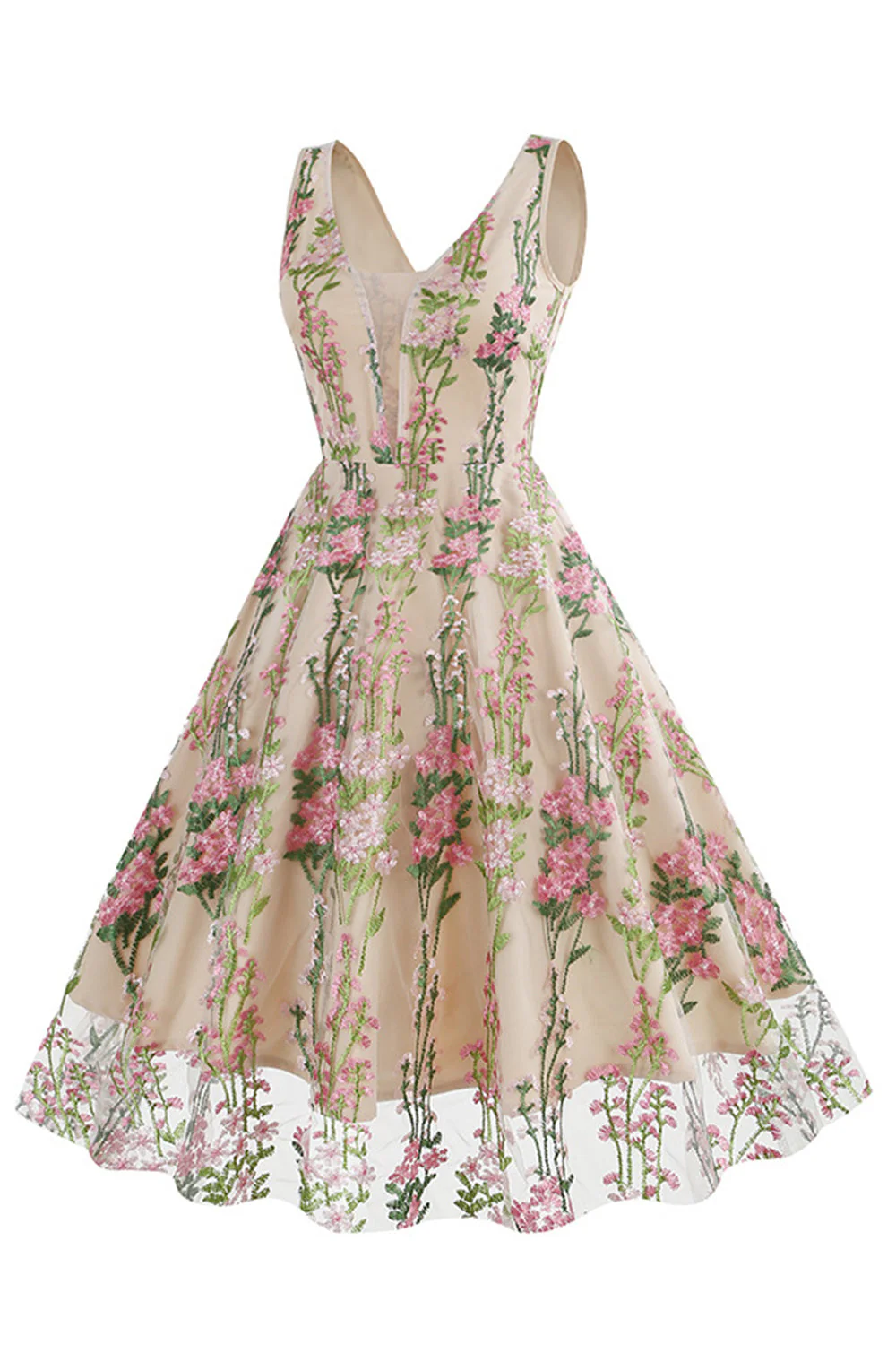 Kwiatowa Koronkowa Haftowana Elegancka Sukienka Vintage Bez Rękawów - Image 6