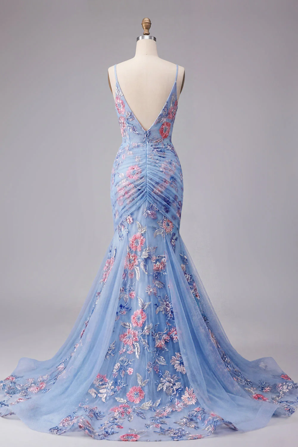 Kwiatowe ramiączka Blue Mermaid Spaghetti Length Scroll Neck z dekoltem w serek. - Image 2