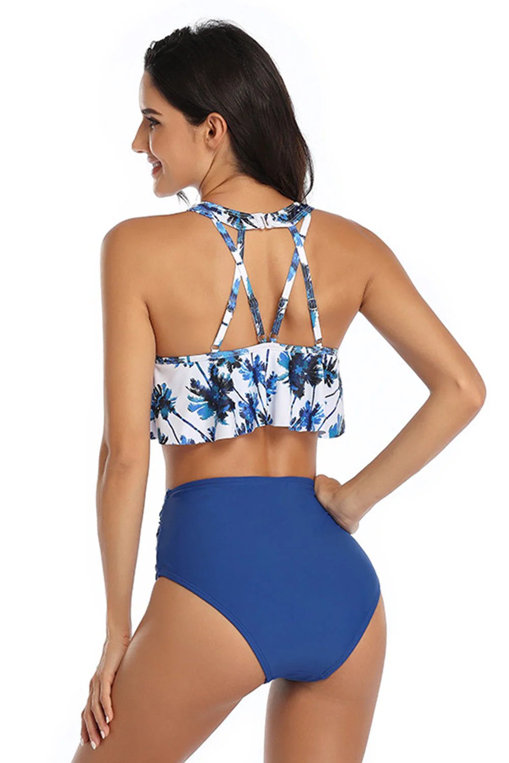 Kwiatowy I Gładki Wiązany Na Szyi Falbala Dwuczęściowy Zestaw Bikini Z Wysokim Stanem Kostium Kąpielowy - Image 2