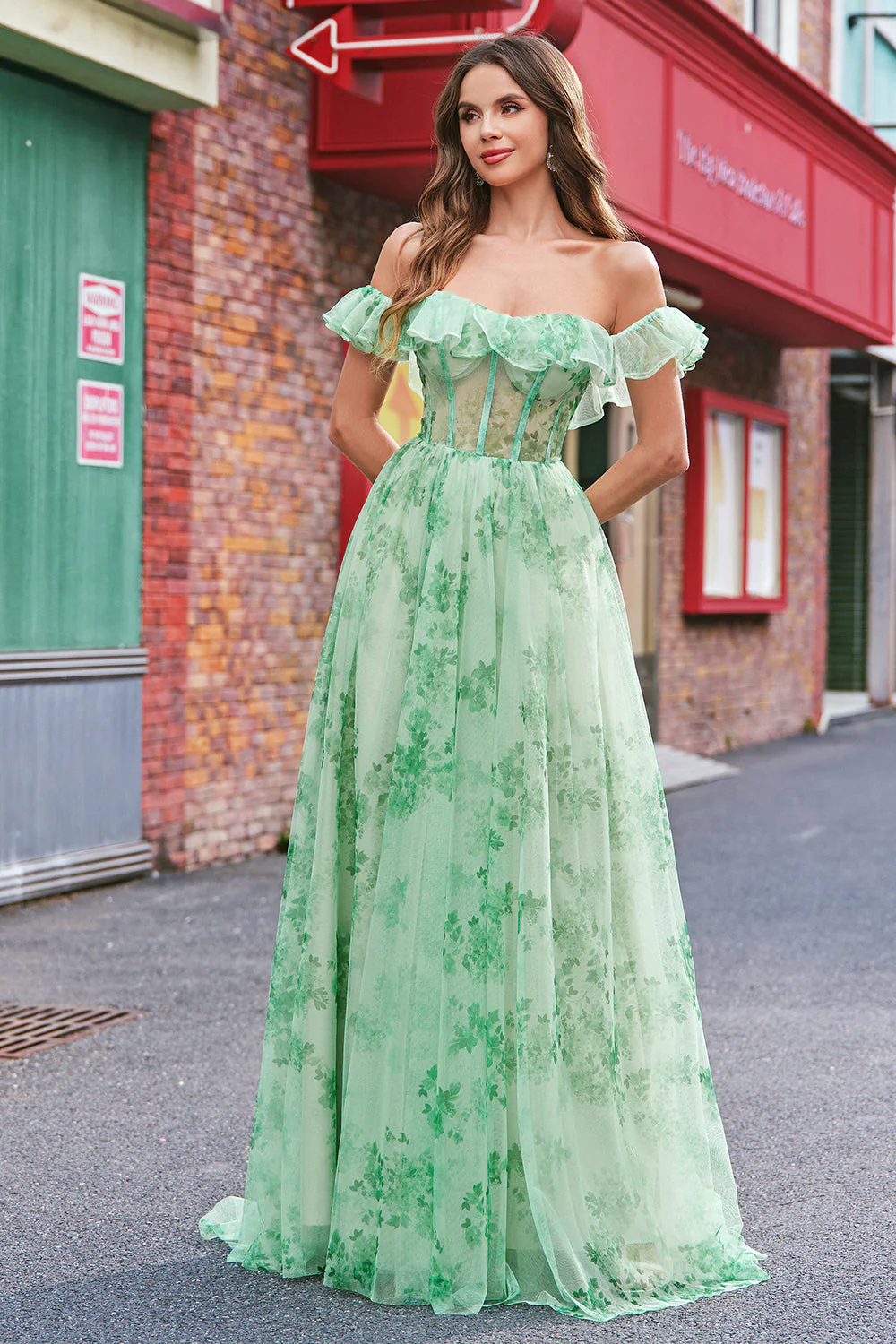 Kwiatowy Linia Off The Shoulder Gorset Długa Zielona Sukienka Na Studniówkę - Image 10
