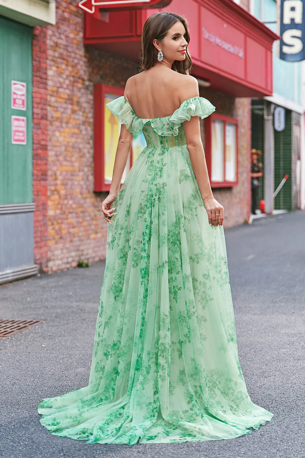 Kwiatowy Linia Off The Shoulder Gorset Długa Zielona Sukienka Na Studniówkę - Image 2