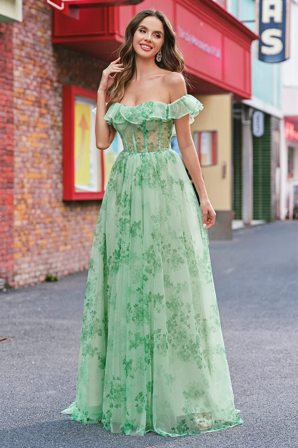 Kwiatowy Linia Off The Shoulder Gorset Długa Zielona Sukienka Na Studniówkę - Image 3