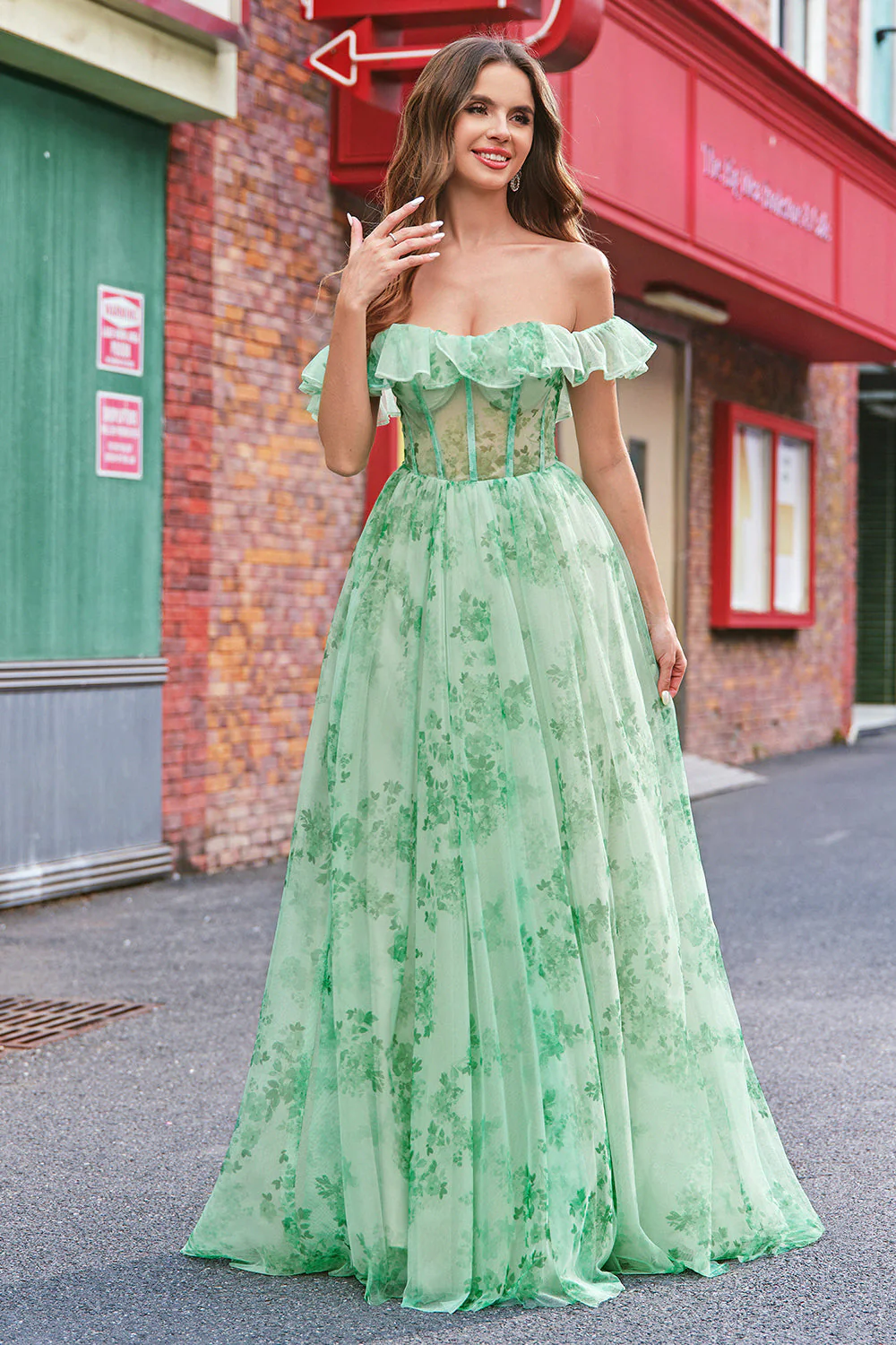 Kwiatowy Linia Off The Shoulder Gorset Długa Zielona Sukienka Na Studniówkę - Image 4
