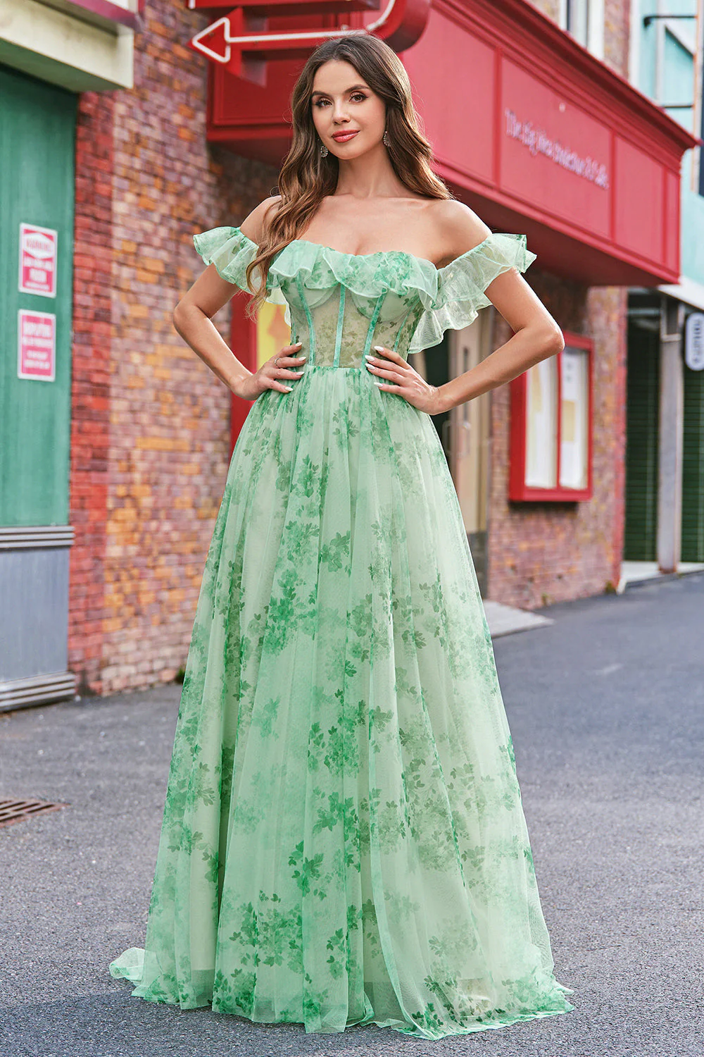 Kwiatowy Linia Off The Shoulder Gorset Długa Zielona Sukienka Na Studniówkę - Image 5