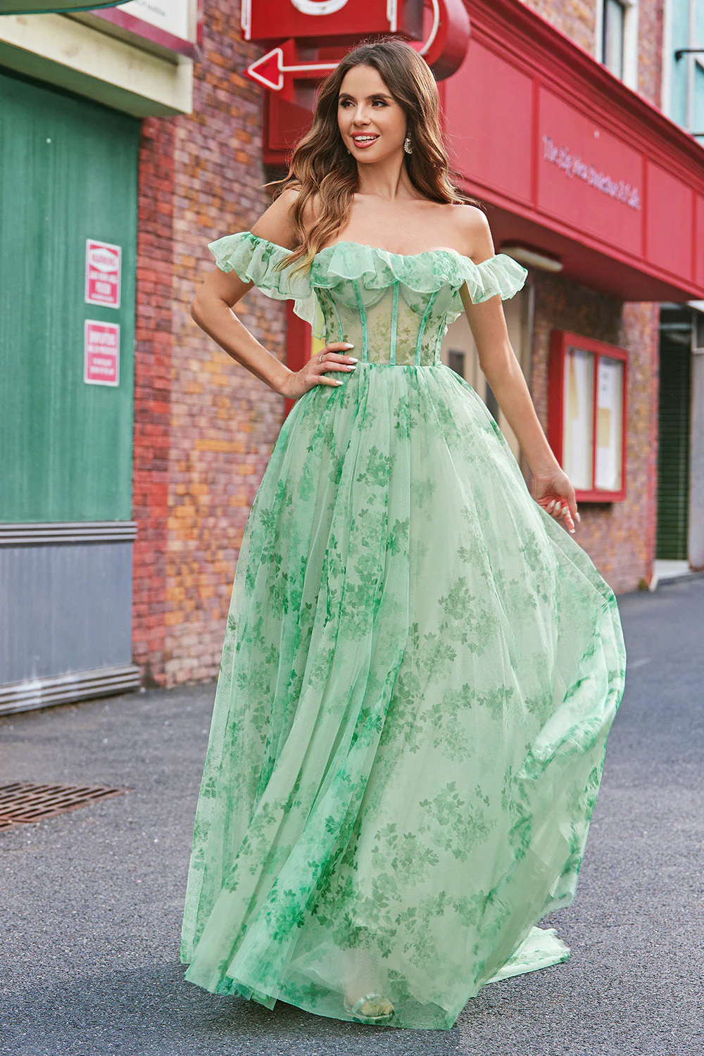 Kwiatowy Linia Off The Shoulder Gorset Długa Zielona Sukienka Na Studniówkę - Image 6