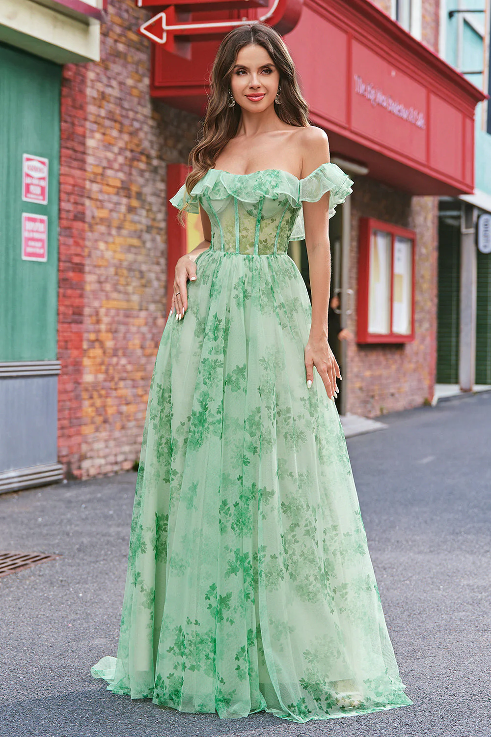 Kwiatowy Linia Off The Shoulder Gorset Długa Zielona Sukienka Na Studniówkę - Image 8
