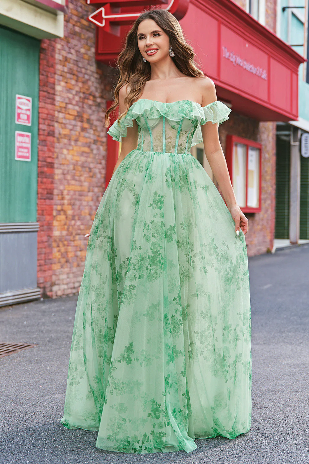Kwiatowy Linia Off The Shoulder Gorset Długa Zielona Sukienka Na Studniówkę - Image 9
