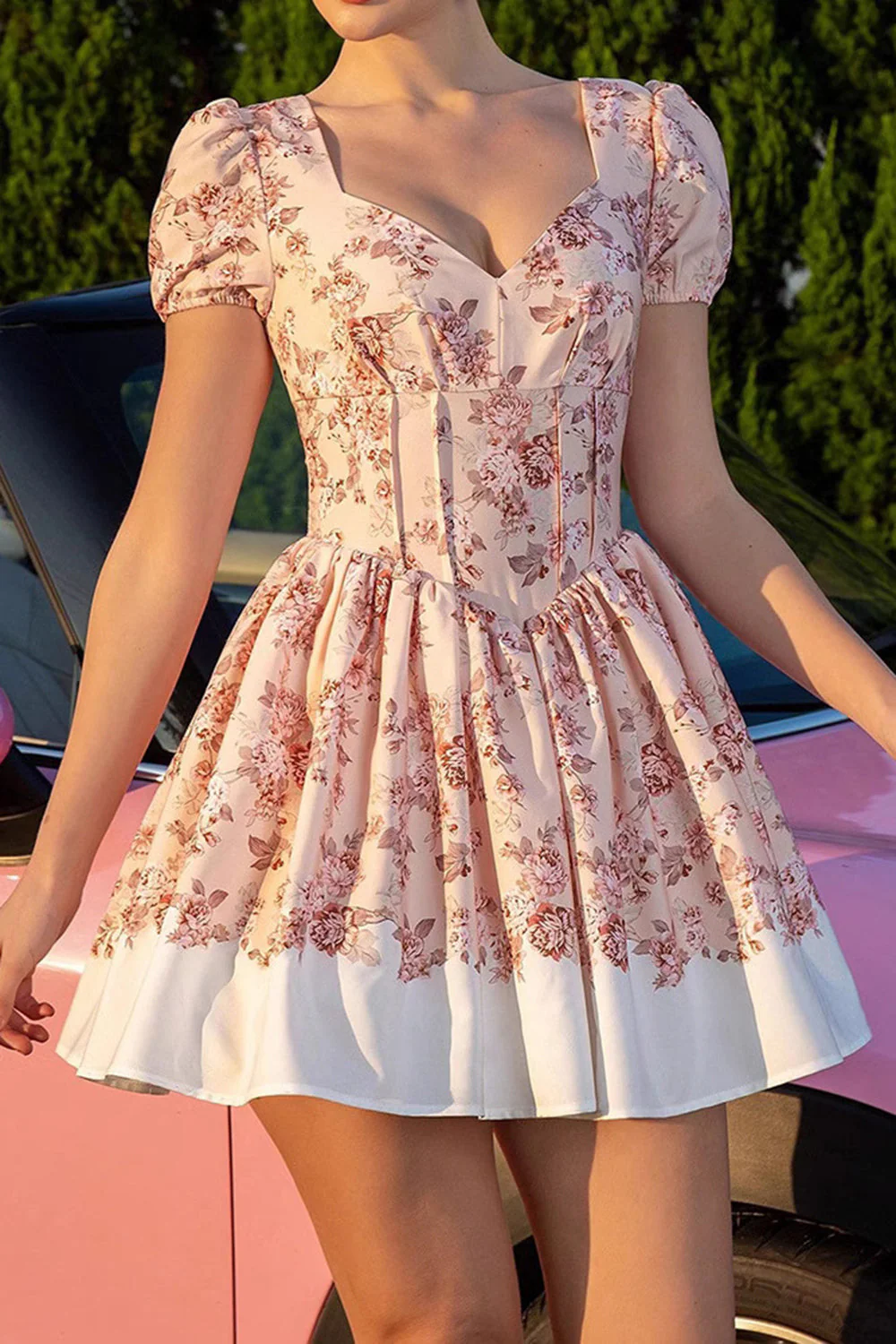 Kwiatowy róż do policzków A Line Gorset Homecoming Dress z krótkimi rękawami - Image 3