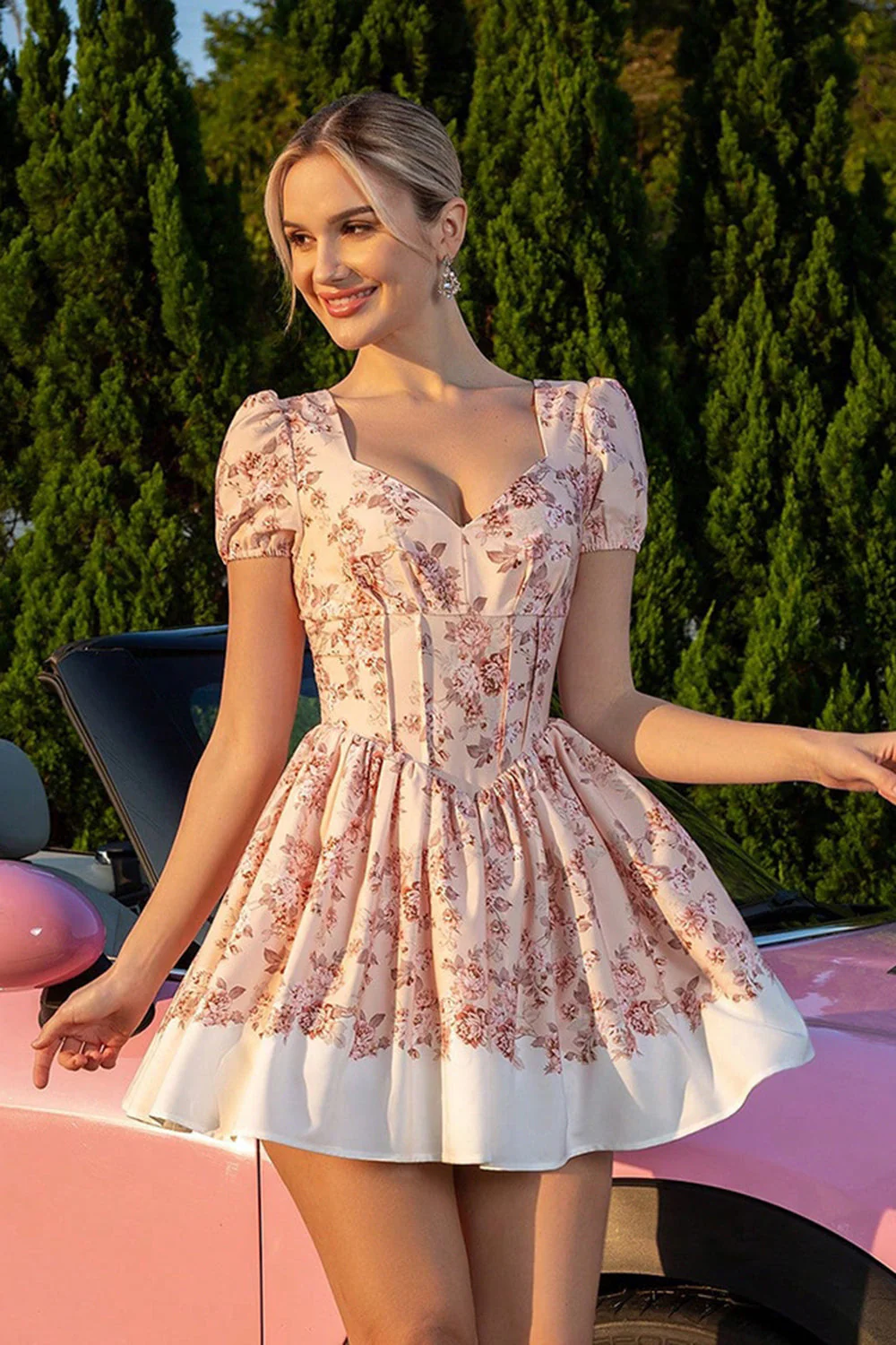 Kwiatowy róż do policzków A Line Gorset Homecoming Dress z krótkimi rękawami - Image 5