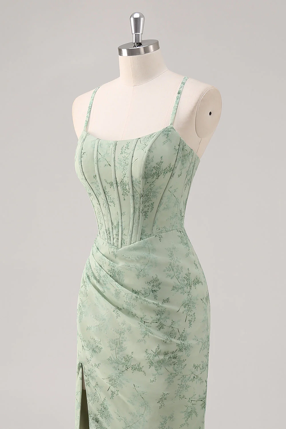 Kwiatowy zielony gorset syrenka sznurowana sukienka dla druhen z rozcięciem - Image 6