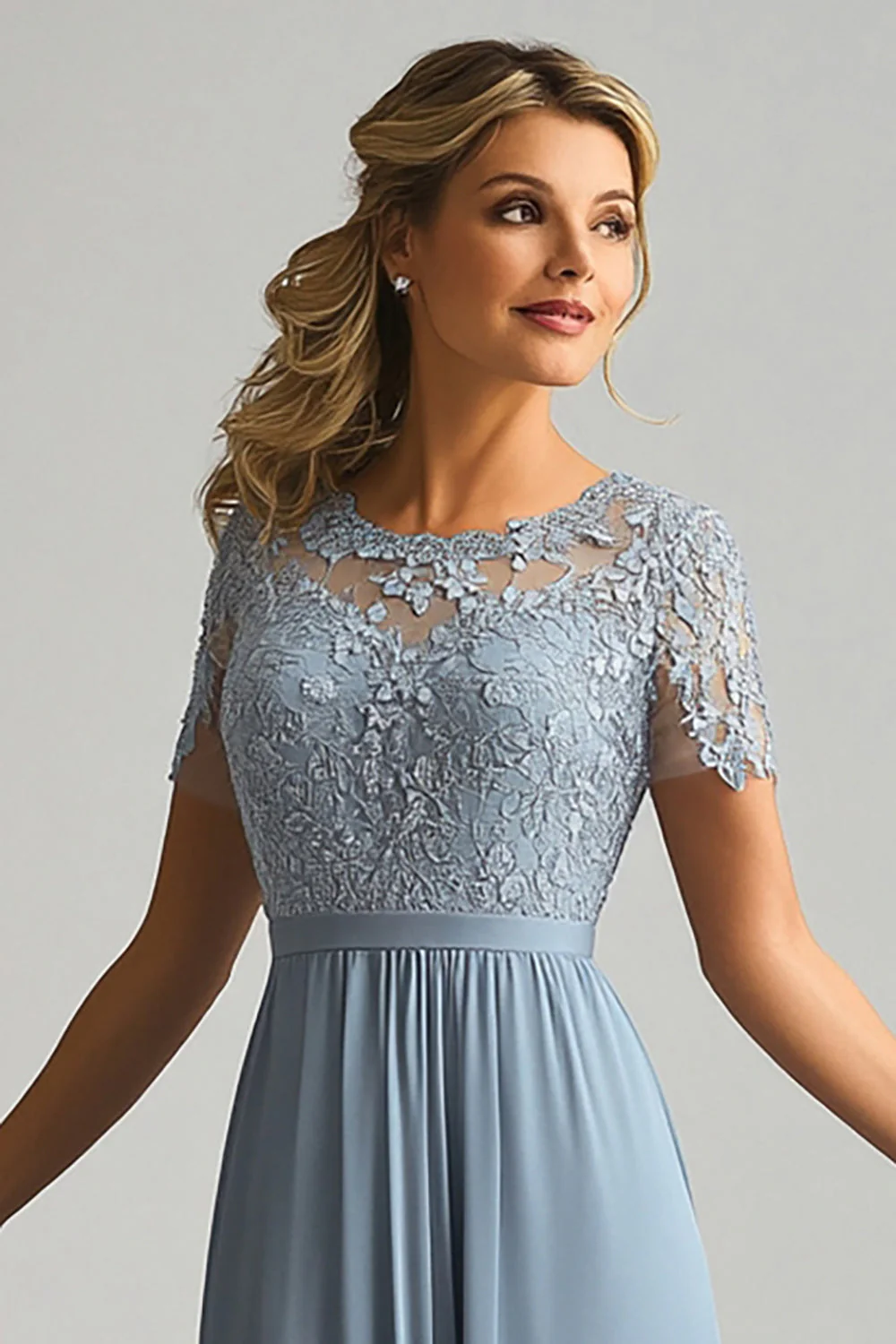 Lace A Line Dusty Blue Szyfon Okrągły Dekolt Krótkie Rękawy Sukienka dla matki panny młodej - Image 2