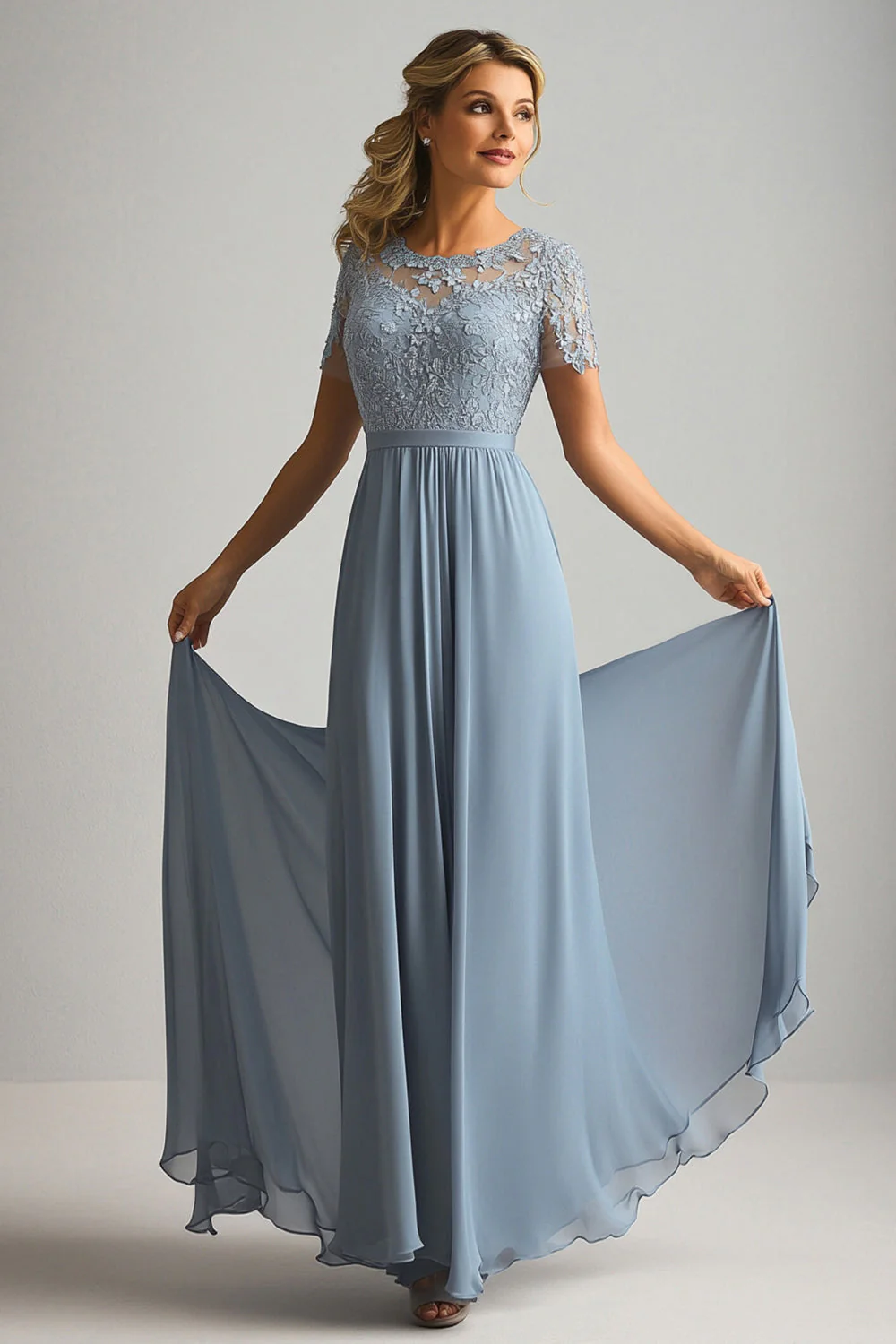 Lace A Line Dusty Blue Szyfon Okrągły Dekolt Krótkie Rękawy Sukienka dla matki panny młodej - Image 3
