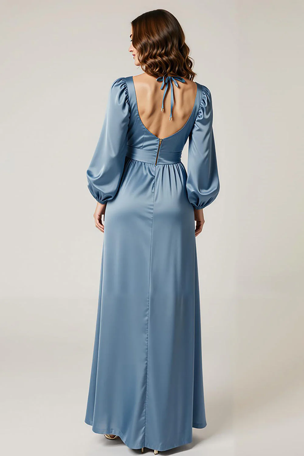 Lake Blue Satin Sheath Ruffle Długie rękawy Formalna sukienka z rozcięciem - Image 2