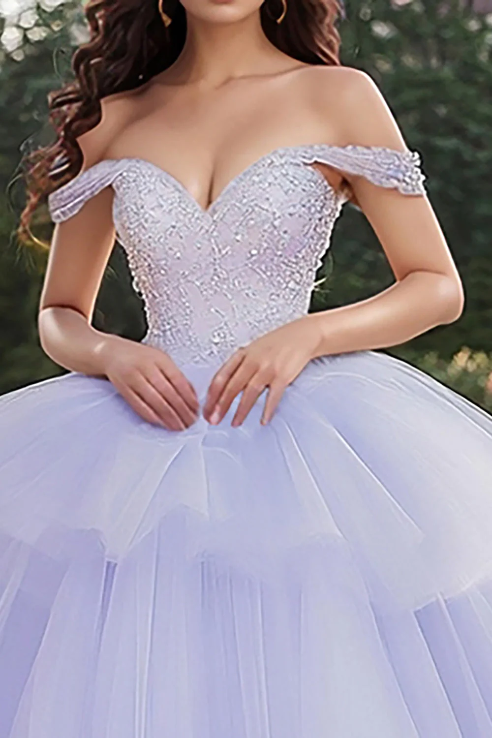 Lawendowa tiulowa suknia balowa z odsłoniętymi ramionami Aplikacja Quinceanera Sukienka - Image 2