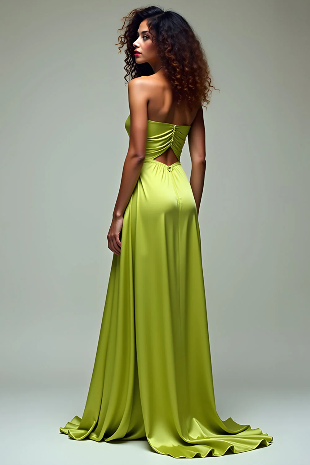 Lemon Green A Line Hollow Out Długa Formalna Sukienka Z Rozcięciem - Image 2