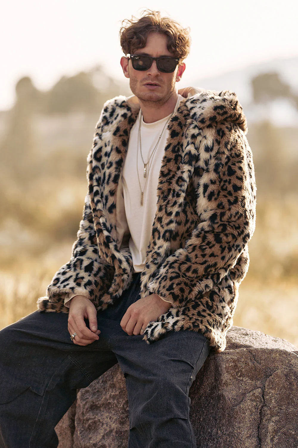 Leopard średniej długości sztuczne futro Zimowy płaszcz męski - Image 3