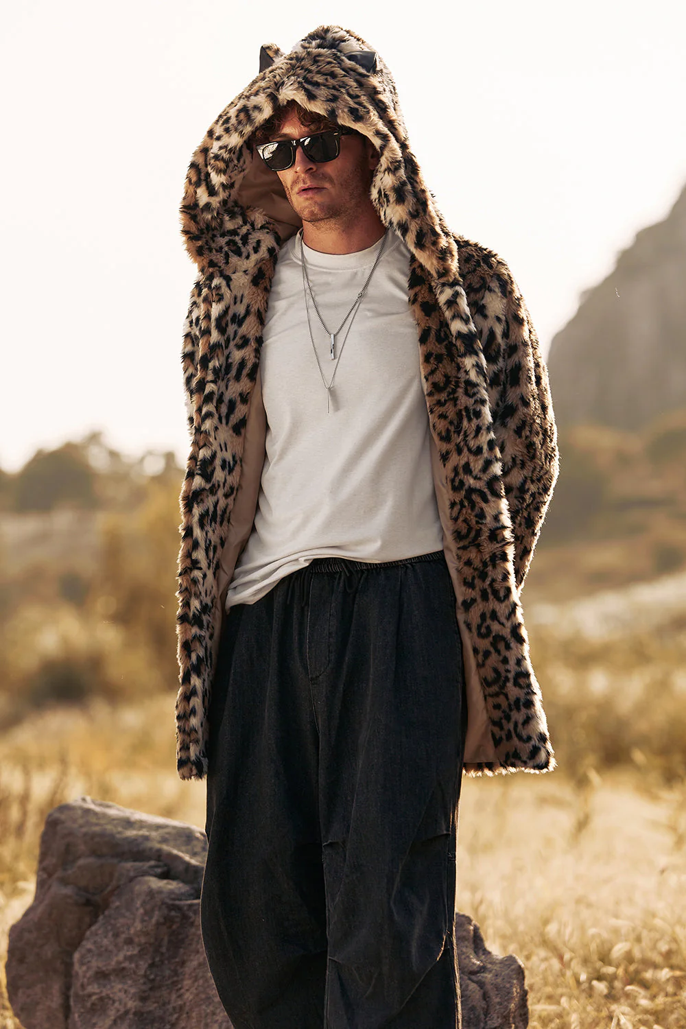 Leopard średniej długości sztuczne futro Zimowy płaszcz męski - Image 5