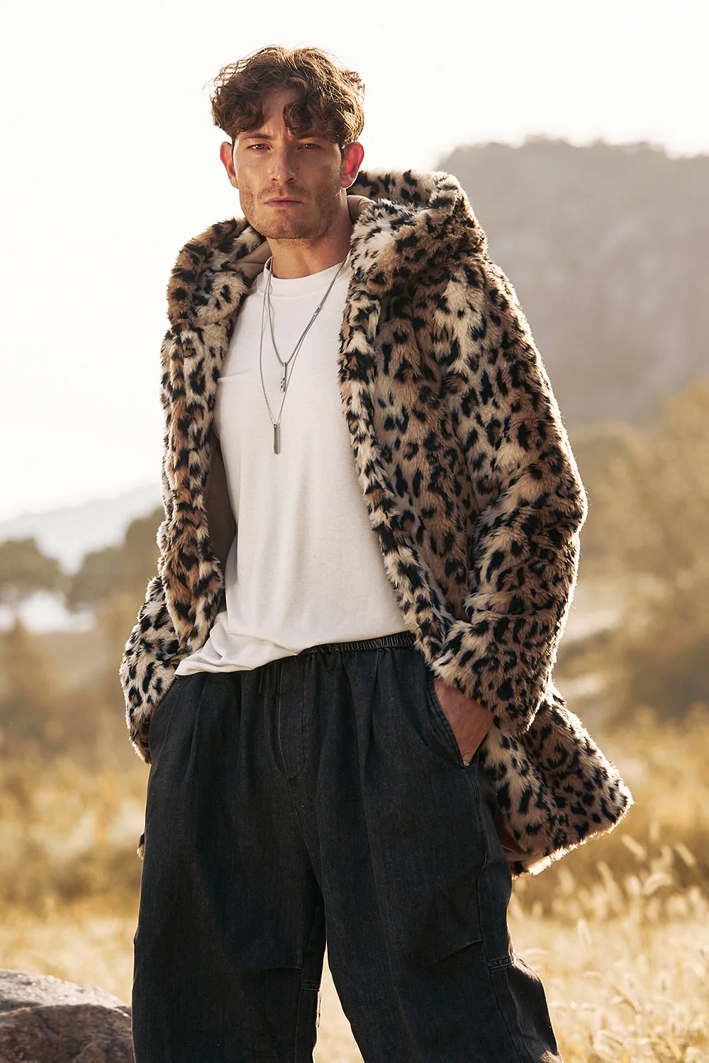 Leopard średniej długości sztuczne futro Zimowy płaszcz męski - Image 6