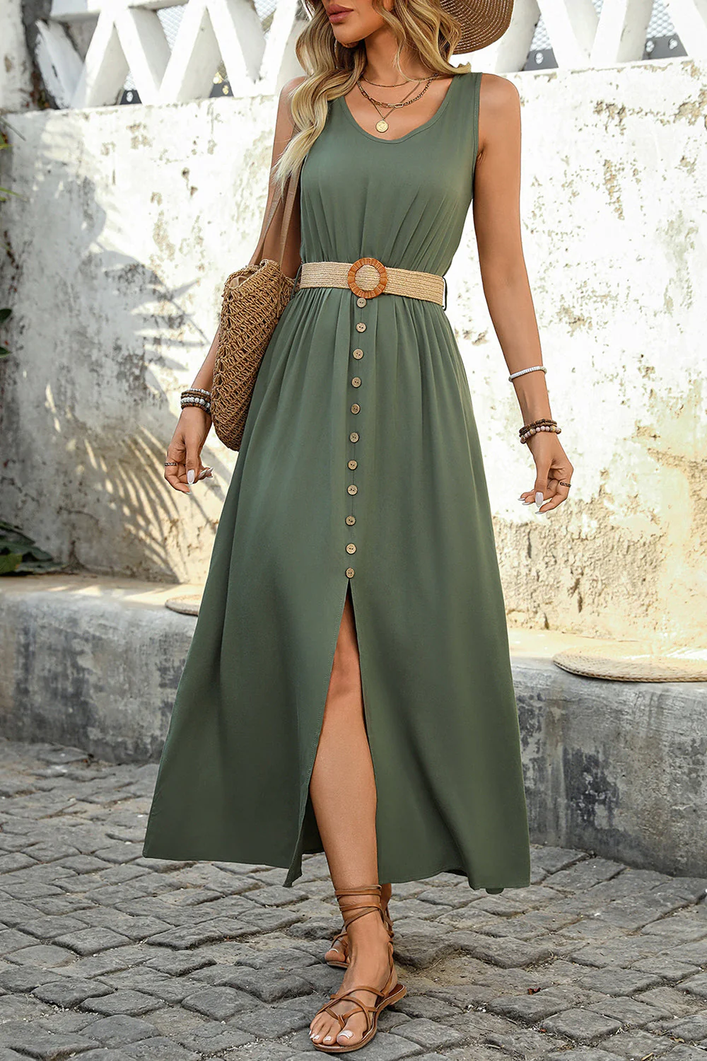 Letnia sukienka Army Green A Line z paskiem - Image 4