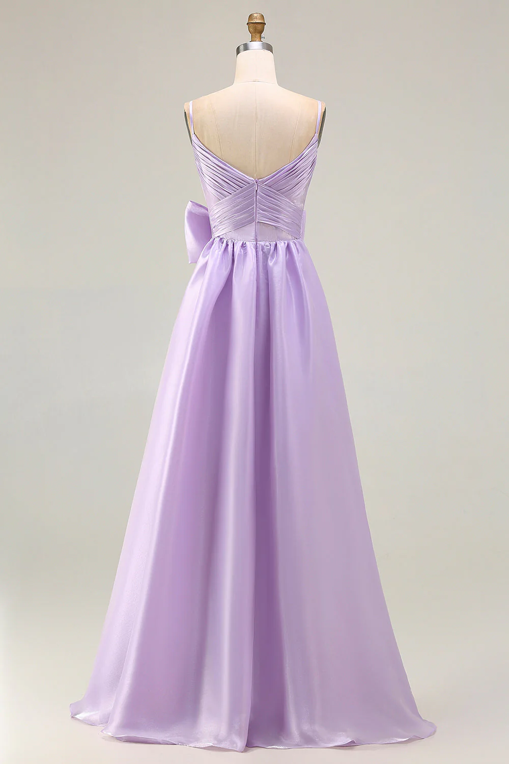 Lila A Line Spaghetti Straps Plisowana satynowa długa sukienka balowa z kokardą - Image 2