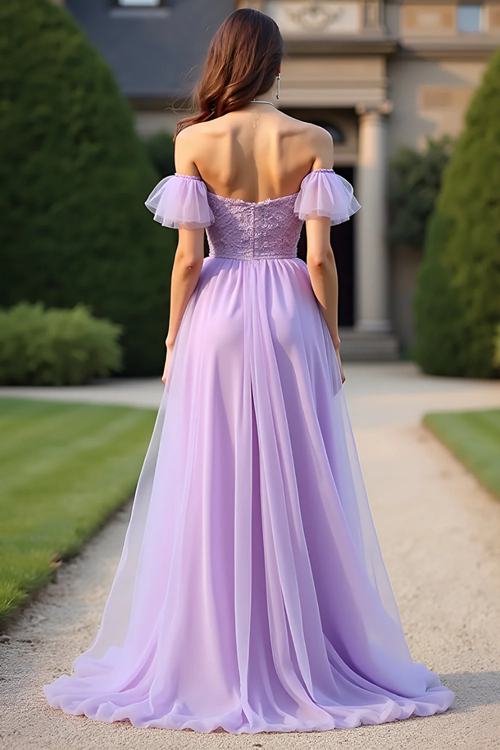 Liliowa koronkowa organza linia z odkrytymi ramionami formalna sukienka - Image 2