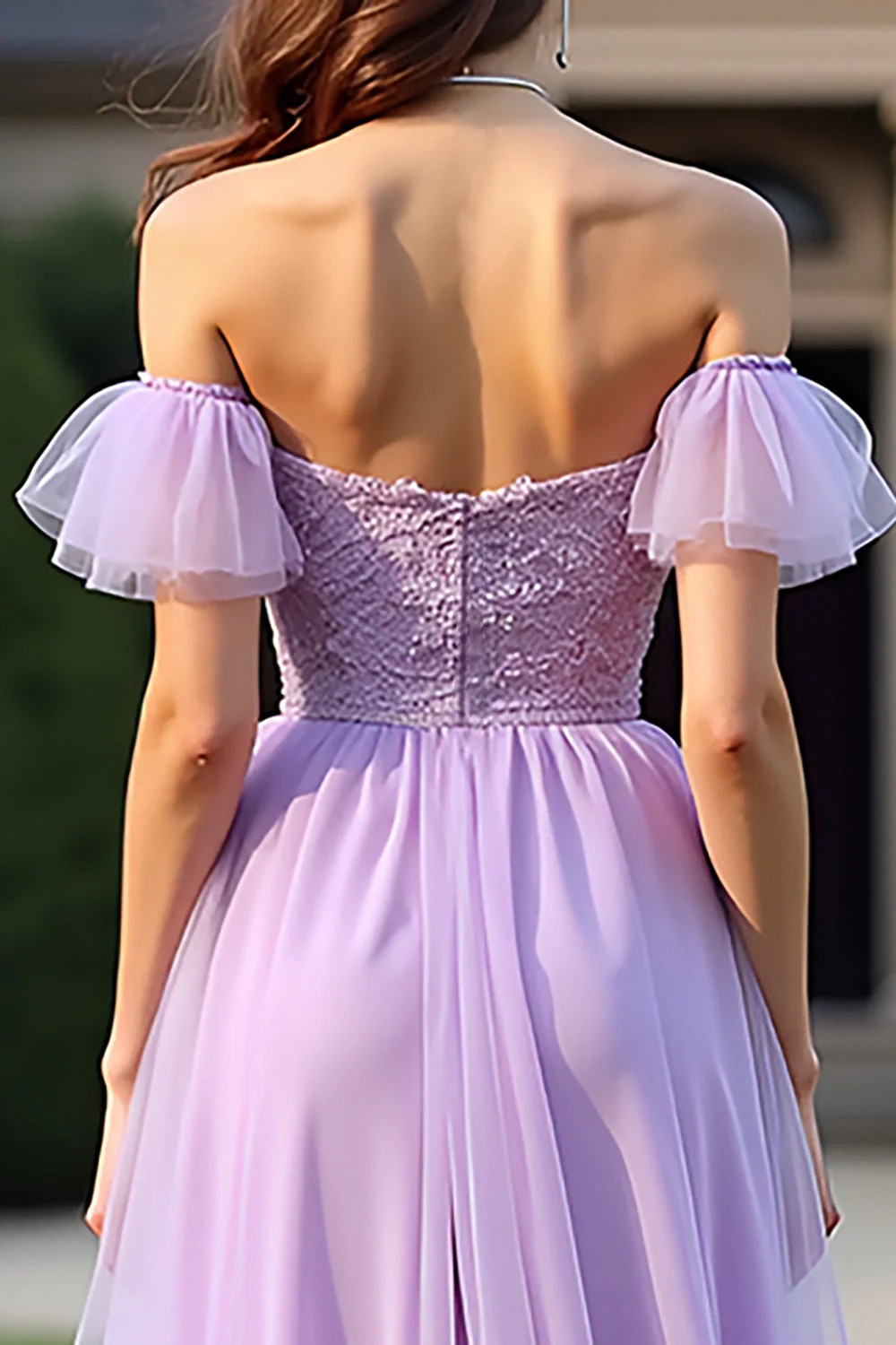 Liliowa koronkowa organza linia z odkrytymi ramionami formalna sukienka - Image 3