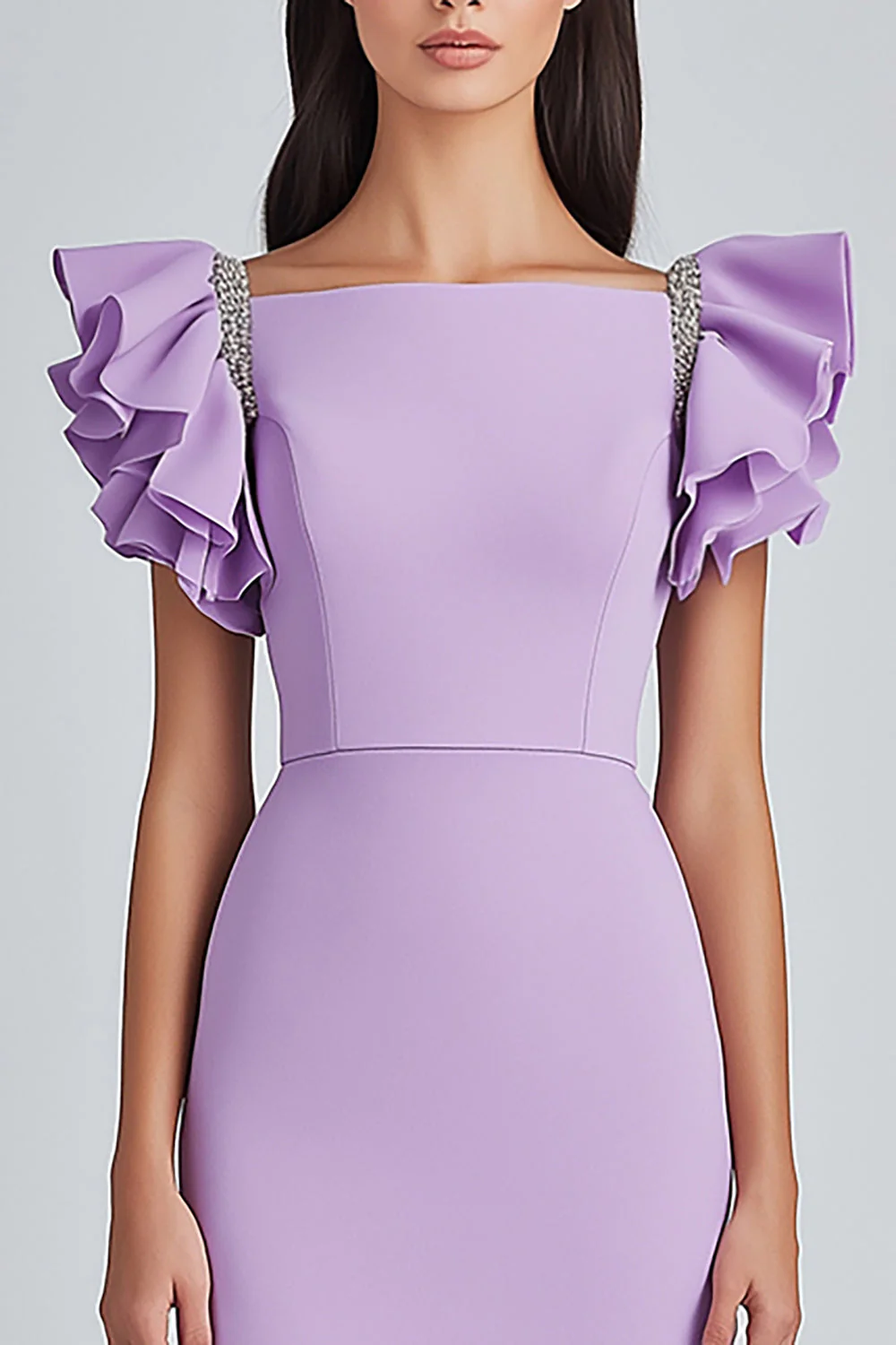 Liliowa sukienka z falbankami bodycon z rękawami wizytowymi - Image 2