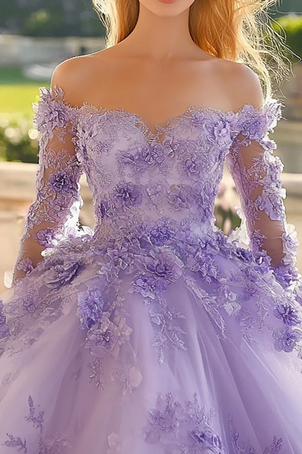 Liliowa sukienka z odkrytymi ramionami księżniczka tiulowa aplikacja quinceanera z długimi rękawami - Image 2